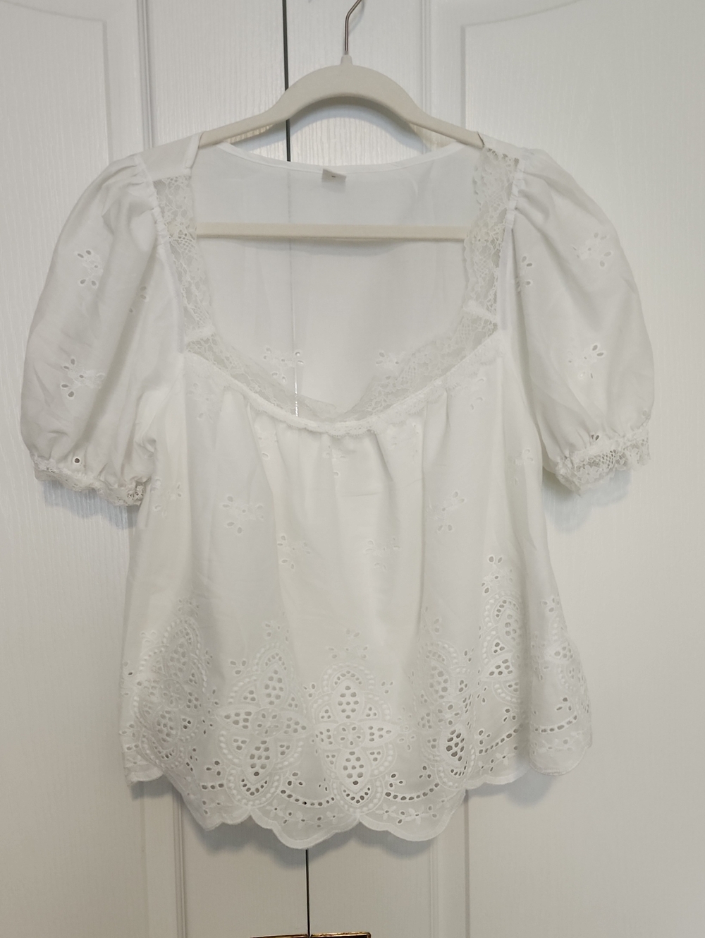 White Eyelet Puff Sleeve Women's Top - Classic Summer Blouse